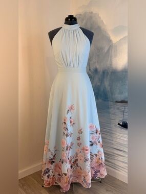 Elegant Light Blue Halter Floral Maxi Dress 247